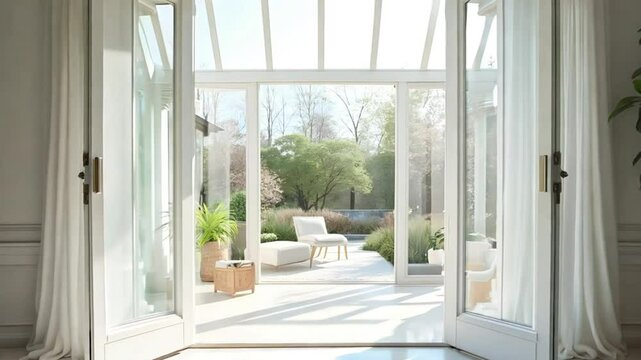 White French Doors Open to a Sunny Patio with a Lounger and Greenery