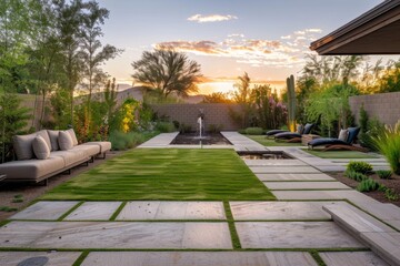 Fototapeta premium Luxury home backyard garden with lush grass, comfortable seating, decorative plants, small fountain, minimalist design, symmetrical composition at sunset in Arizona