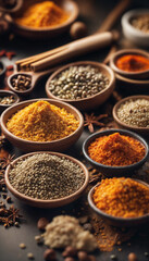 Colorful variety of spices are laid out in plates on the table. Screensaver for smartphone