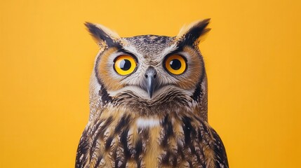 Obraz premium whimsical owl portrait wide-eyed owl with surprised expression, vibrant yellow studio background, sharp focus on intricate feather details