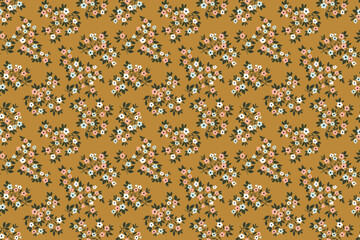 Ditsy floral pattern. Abstract flowers on gold mustard color background. Printing with small white flowers. Cute print. Seamless vector texture. Liberty motif.