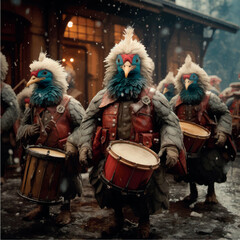 Holiday Thanksgiving Day greeting card poster. Thanksgiving turkeys. Street musical orchestra retro art. Birds orchestra Christmas and New Year. Turkeys with musical instruments drawing.