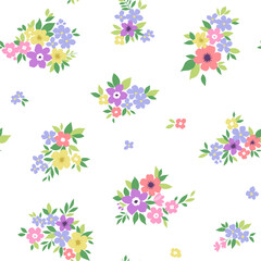 Ditsy floral pattern. Abstract flowers on white background. Printing with small pale multicolor flowers. Cute print. Seamless vector texture. Liberty design. Spring motif.
