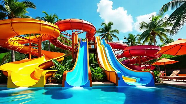 A set of colorful water slides in an outdoor aquapark