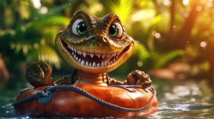 Cheerful Alligator on a Float in Lush Nature Scene
