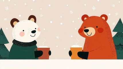 Fox and bear selling coffee at a cozy forest cafe, snowflakes falling, warm and welcoming winter setting