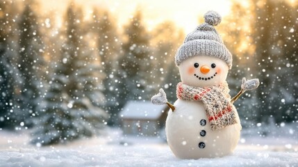 Fototapeta premium whimsical snowman with charming smile and knitted accessories, snowy winter wonderland backdrop, evergreen forest dusted with frost, warm golden glow of distant cabin windows
