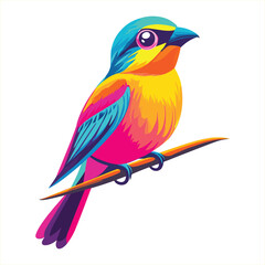 Vibrant Multicolored Bird Illustration in Modern Pop Art Style with Bold and Bright Colors on a Branch