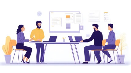 A group of people are sitting at a table in an office setting, working on laptops.