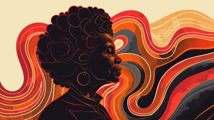 A captivating vector illustration of an elderly African American woman with curly hair, her head slightly tilted back in contemplation as the wind blows through it