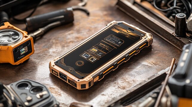 A wooden smartphone with sturdy construction and industrial metal accents, showcasing a rugged yet sophisticated look. The close-up view highlights the fusion of natural wood and industrial elements.
