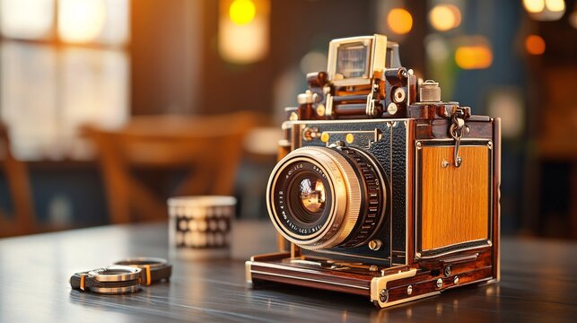 Classic wooden camera with a shiny polished surface, intricate detailing, and retro styling. The close-up view highlights its vintage appeal and timeless design, emphasizing craftsmanship and beauty.
