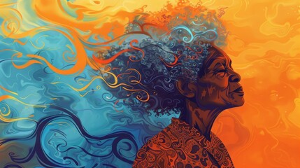 A captivating vector illustration of an elderly African American woman with curly hair, her head slightly tilted back in contemplation as the wind blows through it