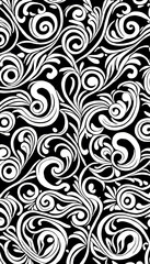 Black and white floral pattern with intricate swirls and leaves.