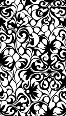 Black and white floral pattern with intricate swirls and leaves.