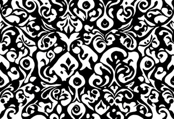 Black and white floral pattern with intricate swirls and leaves.