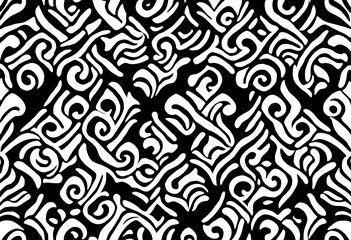 Black and white floral pattern with intricate swirls and leaves.