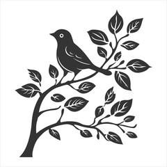 Minimalist Bird Silhouette on Tree Branch with Leaves in Elegant Black and White Vector Design