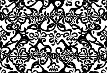 Fototapeta premium Black and white floral pattern with intricate swirls and leaves.