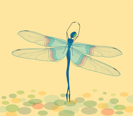 Blue dragonfly dances ballet on a yellow background, stylization, vector