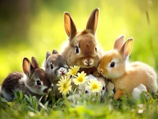 Fototapeta premium A group of baby animals playing together in a meadow, full of joy and innocence