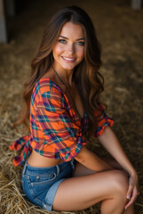 Fototapeta premium Smiling girl in her boyfriend's plaid shirt