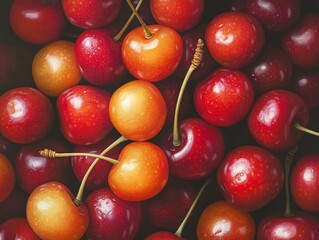 A group of cherries arranged in a neat pile, some with stems attached and others without