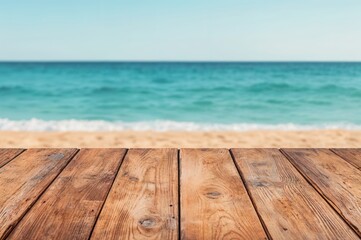 Empty wooden table top with blurred sea and beach background