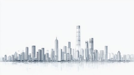 White background, city skyline, vector illustration style, simple lines, high-end aesthetic, light gray and white color scheme, urban architecture
