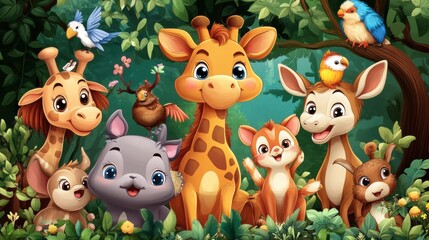 Naklejka premium Colorful Cartoon Animals in Lush Green Jungle Scene