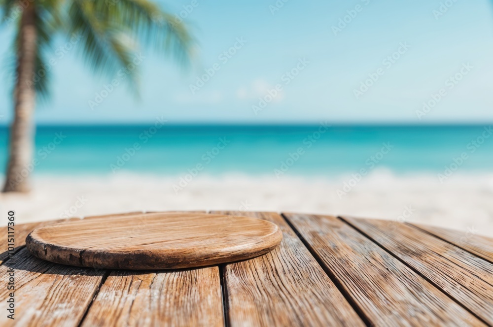 Poster empty wooden tabletop on blurred beach background for displaying products