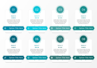 8 options business infographic template, rectangular frame with gear shape and long hexagon ribbon, also with number and symbols