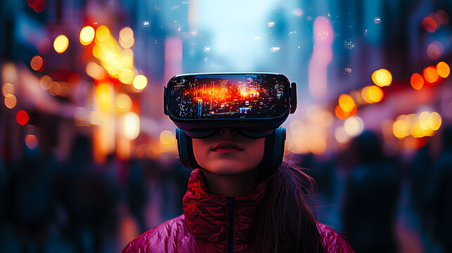 Femme avec un casque virtuel dans la rue la nuit