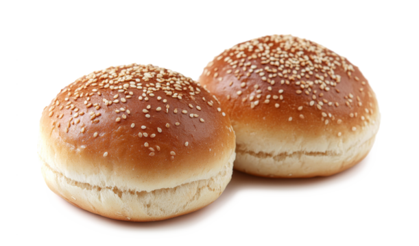 Two sesame seed burger buns isolated on a white or clear background.