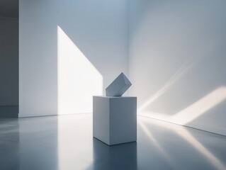 Obraz premium minimalist white room with subtle shadows, single geometric sculpture on pedestal, hidden led lighting creating soft glow, reflective floor surface, sense of infinite space