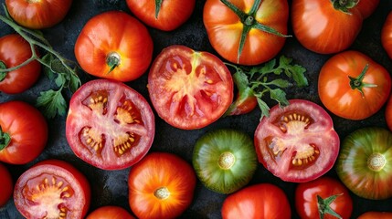 Fototapeta premium A group of tomatoes, some whole and others sliced to show the juicy interior