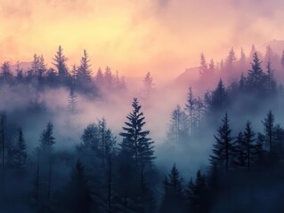 misty mountain forest at dawn, ethereal light filtering through fog, photorealistic digital painting style