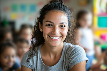 Kindergarten Teacher Sitting Among Children