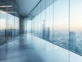 Fototapeta premium modern office interior with glass partitions and panoramic city view. sleek furniture, minimalist design, abundance of natural light