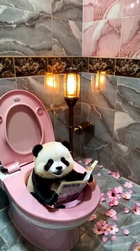 anda assis sur les toilettes lisant un journal dans une salle de bain rose