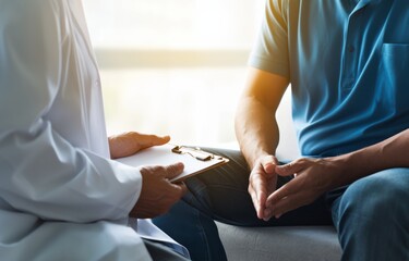 Obraz premium Close-up of hands holding a pen and paper in a modern therapy session, featuring a man seated on a couch engaging with a therapist in the background. 