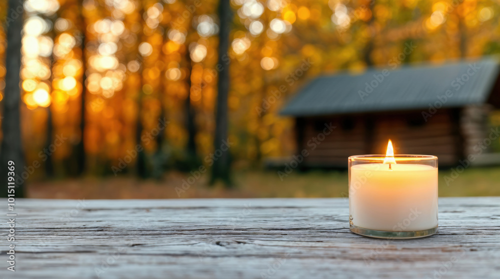 Aufkleber burning candle illuminating empty table with autumn forest background