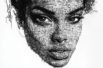 Obraz premium Black and white illustration of a woman's face entirely composed of handwritten words, black ink on white background