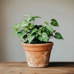 Fototapeta premium A lush green plant growing in a simple terracotta pot, radiating freshness and life