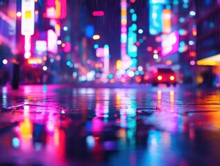 Fototapeta premium neon-drenched urban nightscape rain-slicked streets reflect vibrant colors, creating abstract patterns of light. blurred bokeh enhances dreamy atmosphere, evoking cyberpunk aesthetics.