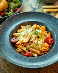 Penne pasta dish being served in restaurant setting