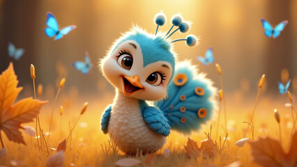 Autumn cute animals - A charming 3D cartoon-style scene featuring an adorable peacock with large, expressive eyes among fallen autumn leaves. Blue butterflies flutter around. Warm magical atmosphere