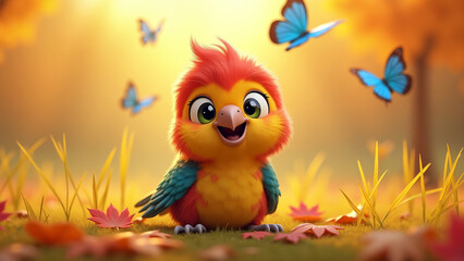 Autumn cute animals - A charming 3D cartoon-style scene featuring an adorable parrot with large, expressive eyes among fallen autumn leaves. Blue butterflies flutter around. Warm magical atmosphere