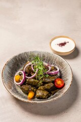 Delicious dolma with rice and meat wrapped in grape leaves, garnished with herbs and vegetables