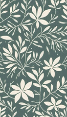 Seamless floral pattern with beige flowers and leaves on a teal background.